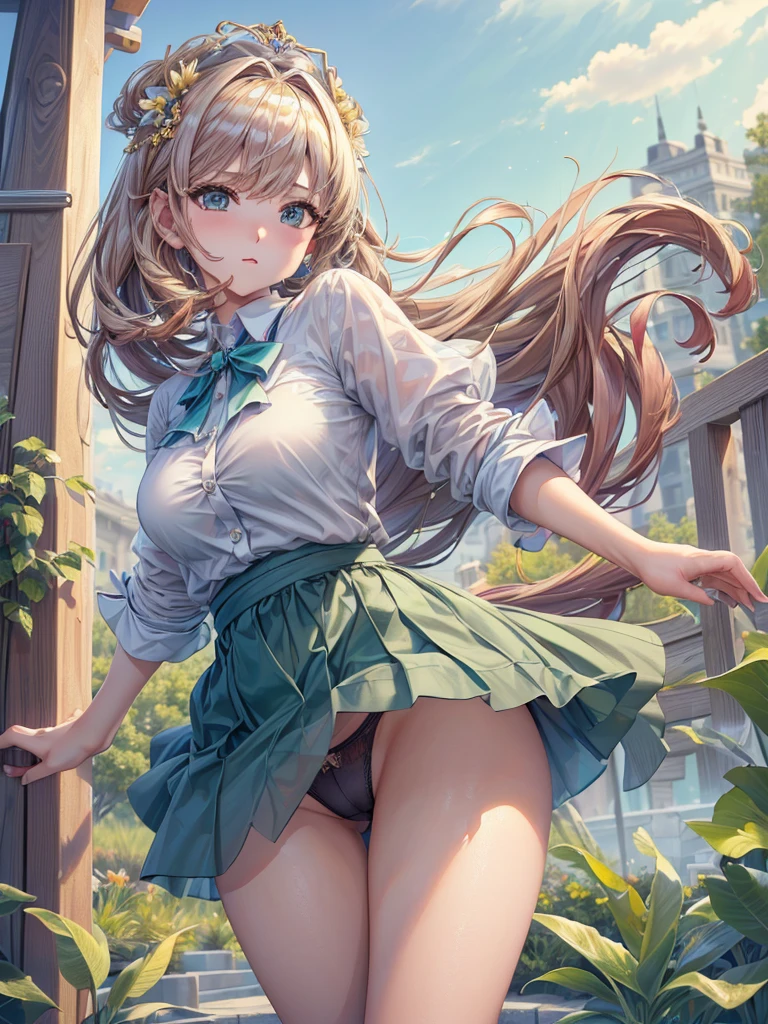 ((((Best Quality, 8K, 32K, masterpiece, 1.2)))),{{solo}},nsfw,{{{Artist: Torino Aqua's style}}},((perfect beautiful face:1.2)), wearing , windy skirt, showing panties, embarrass, see through panties, ((a lot of public hairs:1.3)),