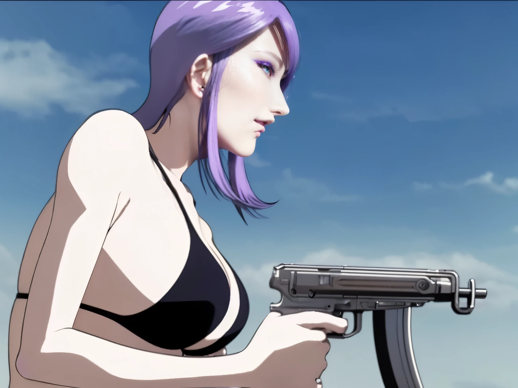 a beautiful woman with white skin, long purple hair, and large breasts, wearing a purple bikini, highres, 8K, masterpiece, photorealistic, professional, detailed face, piercing eyes, full lips, elegant pose, soft lighting, vibrant colors, 3D render