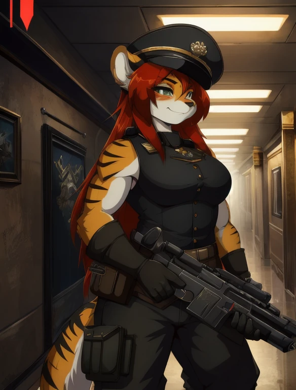 Warhammer_40 thousand_Commissar,((masterpiece)), (Best quality), (detailed), Black uniform sleeveless shirt , mascara, Eyeliner, eyeshadow, Upper body, pomade, женщина anthro furry tiger, Propaganda poster, wicked, bristle,
 (8k contract, masterpiece, Best quality, High quality, absurdity, ultra-detailed), masterpiece, Best quality,  long hair, (cute face 1:1),dynamic angle, top quality, best quality, High-quality illustrations, masterpiece, super high resolution, detailed background, detailed background, biohazard, Dim hotel hallway, gun fight, game package, absurdres(highly detailed beautiful face and eyes)perfect anatomy, expression, good lighting, cinematic shadow(kemono, furry anthro),