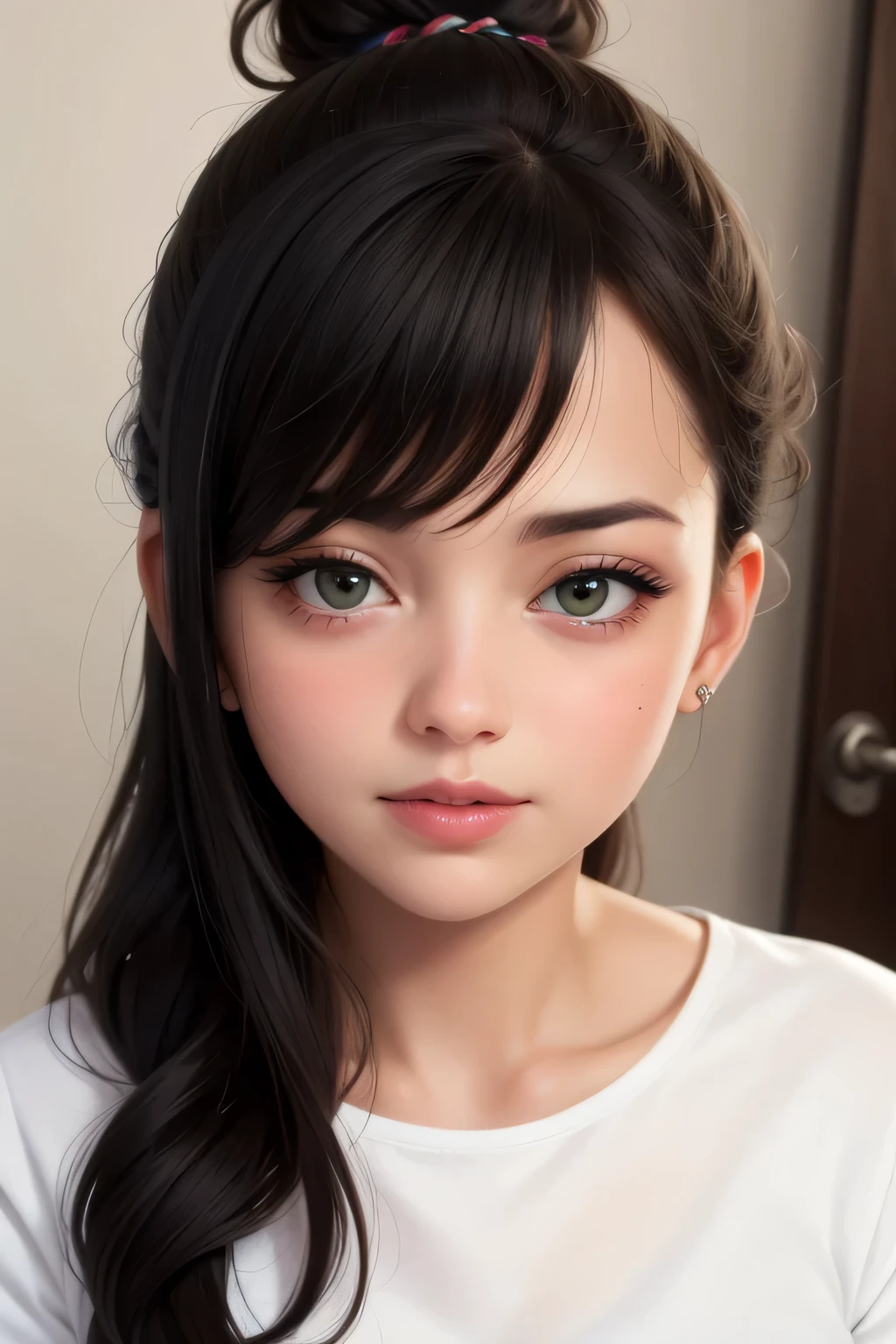 (best quality, highres:1.2), ultra-detailed, realistic:1.37, portraits, seductive gaze,detailed beautiful eyes,detailed long eyelashes,detailed lips,parted lips,intense blush,soft smile,soft smile and gaze,sexy woman, messy bun hairstyle, black hair,luscious black hair,cute bun, black and white striped t shirt, dark green skirt,medium chest, perfect body