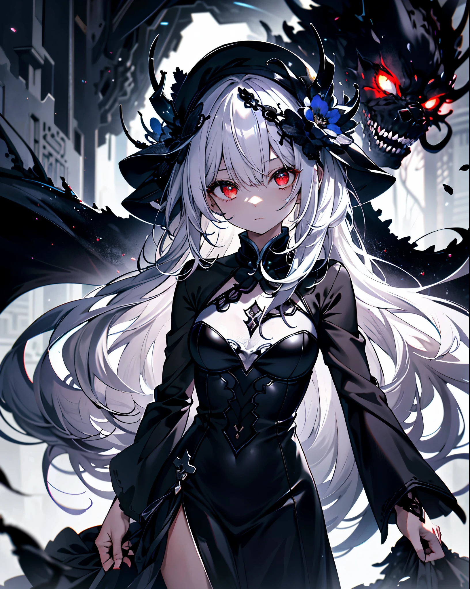 1girl,In a world beyond our own, 一个girl站在钟面上, Her gaze was fixed on the vast, Starry Void，Solitary，masterpiece，best quality，white hair，white hair，white hair，Red Eyes，Black，dark，Cypress scraper，shadow，douchebag，sneer，Overlooking，黑色的shadow，Black viscous liquid，gloomy，Dark，stable，Cthulhu，（Black slime：1.5），Compound，cloak，Tentacles，girl，，masterpiece, best quality, best quality,amazing,美丽的Red Eyes,fine details,Depth of Field,Extremely detailed CG unified 8k wallpaper, masterpiece,(((dark white hair))),leader,(Dark mist),{Flowing hair},{Thick skull},(Beautifully detailed ruins),{Character Close-up},(((whole body))),(Smooth and radiant skin),(Smooth face、radiant hair),Perfect details