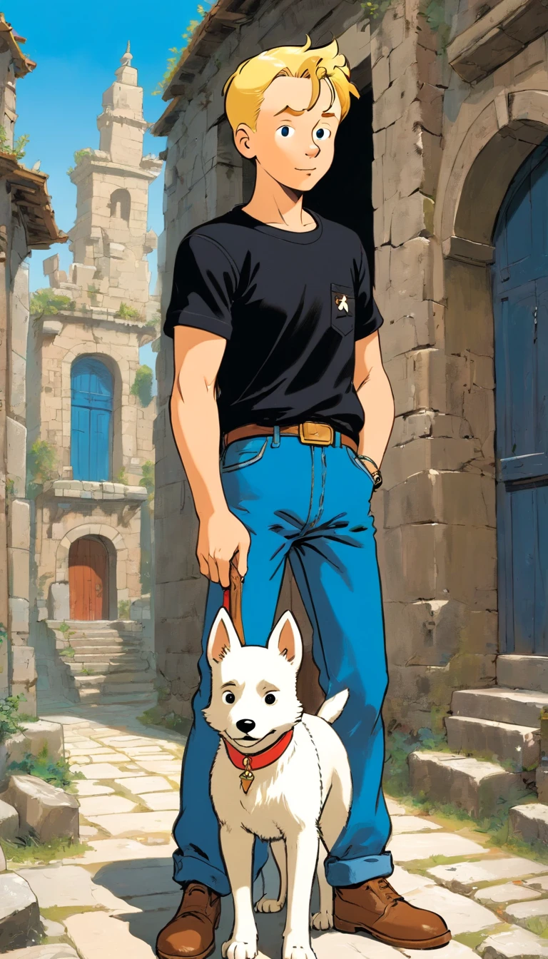 Tintin, male wearing black t-shirt and blue denim pants, short blond hair, herge, european comics, heroic pose, Indonesian ruins, with a little white fox terrier dog