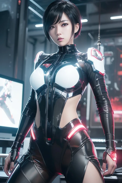 High resolution、8k、Digital Cyberpunk Art、Black short-cut hair、Shiny metallic、(Wearing a red powered suit with white LED lights)、(Stand in front of many monitors)、Japanese Girls、(battoujutsu stance)