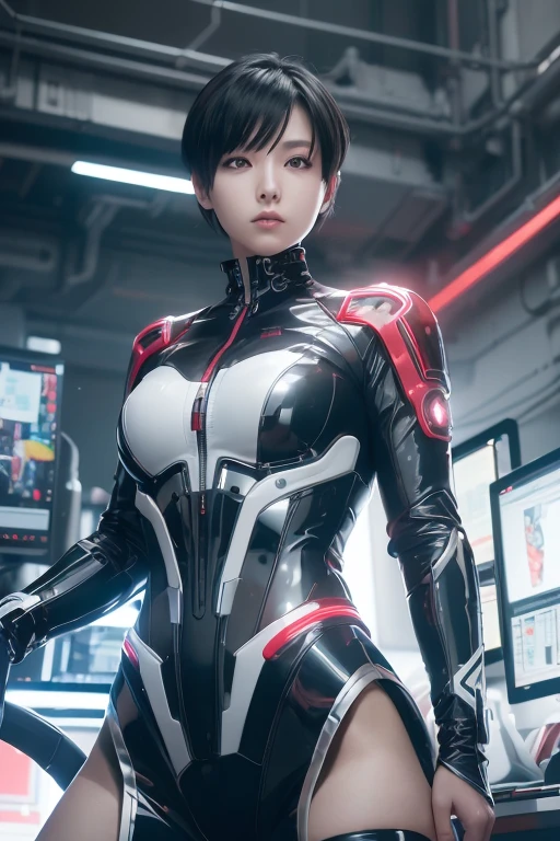 High resolution、8k、Digital Cyberpunk Art、Black short-cut hair、Shiny metallic、(Wearing a red powered suit with white LED lights)、(Stand in front of many monitors)、Japanese Girls、(battoujutsu stance)