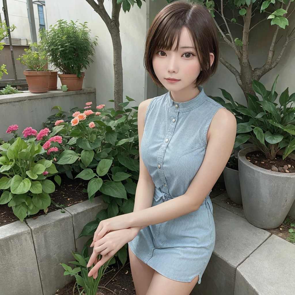 Beautiful woman with short hair ,garden ,alone