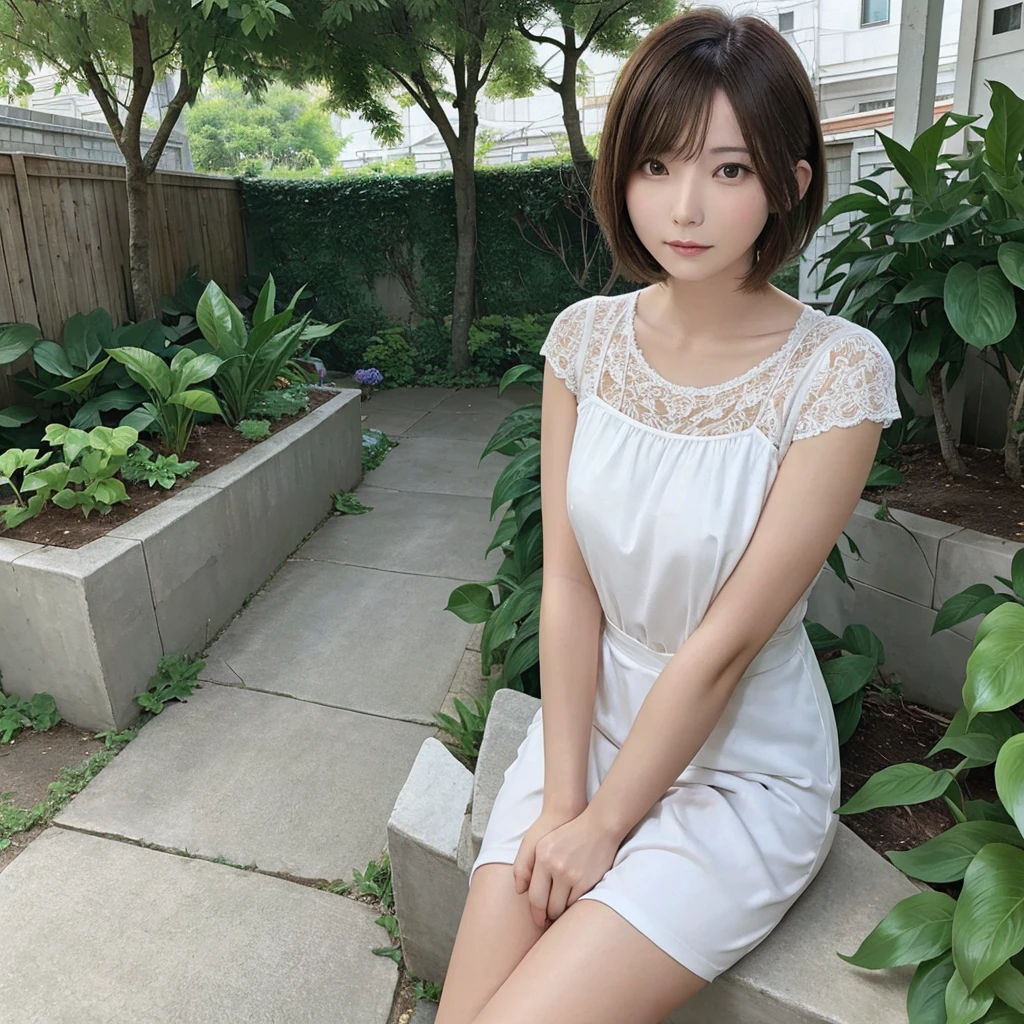 Beautiful woman with short hair ,garden ,alone
