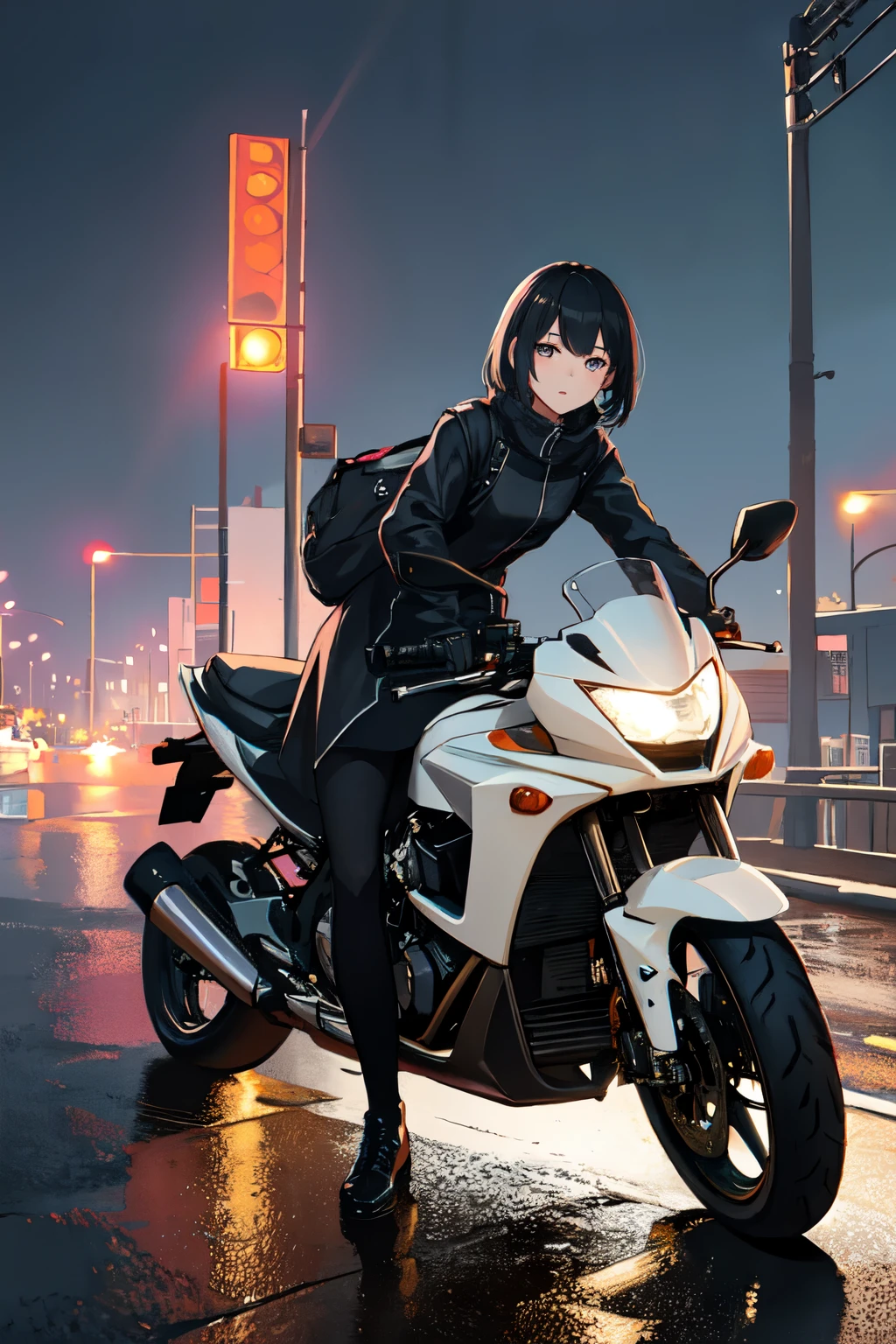 One girl, dress, Jacket, rain, Ground vehicles, Helmet, Mecha, car, motorcycle, on motorcycle, Vehicle Focus, wheel, night, road, street, rain, city, puddle, 8k, Ultra-realistic, Lens flare, atmosphere, shine, detailed, complicated, Colorful, Cinematic lighting, Trending on Art Station, 4K, Surreal, Concentrated, 極端なdetailed, Unreal Engine 5, Cinematic, masterpiece, highest quality