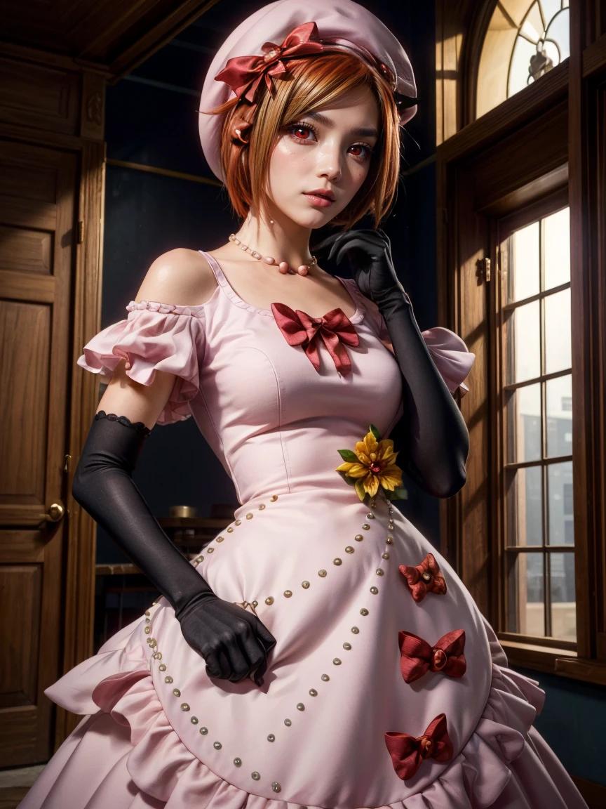 (1 lady), The beautiful, (Best quality at best:1.4), (ultra - detailed), (extremely detailed CG unified 16k), orange redhair, very detailed, High-definition RAW color photo, professional photoshooting, amazing face and eyes, cosmetics, (amazingly beautiful girl), ((lambdadelta, tall woman, taller)), ((dress, red bow, pink hat, necklace, gloves, pearl, pink dress)), standing, realistic cinematic face, photo portrait, upper body (shoulders to head), photorealistic, ((realistic natural orange redhair style, red eyes)), gorgeous, extremely beautiful face, perfect model beauty, pout mouth, flirting smile, cleavages, city girl, western, (masterpiece), best quality, high resolution, extremely detailed, blurred background, depth of field, cinematic lighting, clear and well-cared skin