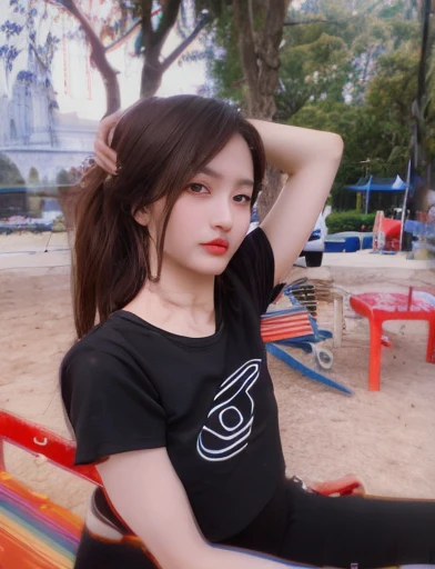 ((realistic light, best quality, 8ก, Masterpiece: 1.3)), Clear focus: 1.2, 1 girl, perfect beauty: 1.4, Slim stomach: 1.1, ((dark brown hair)), (white crop top: 1.4), (outdoor, nighttime: 1.1), Park view, Very smooth face, good eyes, Double eyelids,