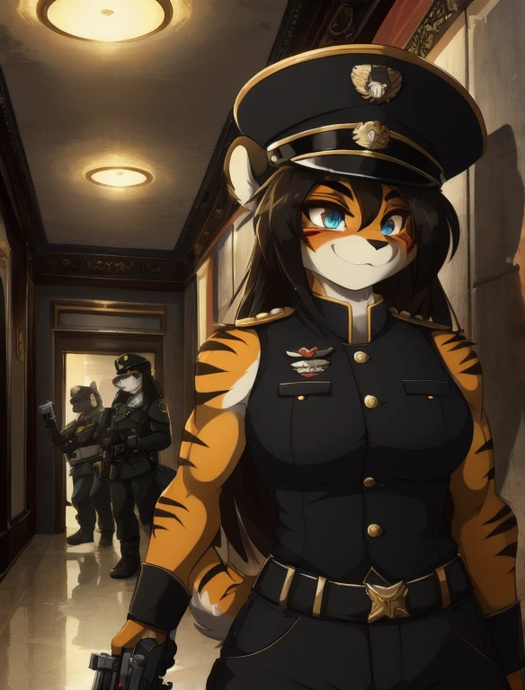 Warhammer_40 thousand_Commissar,((masterpiece)), (Best quality), (detailed), Black uniform sleeveless shirt , mascara, Eyeliner, eyeshadow, Upper body, pomade, женщина anthro furry tiger, Propaganda poster, wicked, bristle,
 (8k contract, masterpiece, Best quality, High quality, absurdity, ultra-detailed), masterpiece, Best quality,  long hair, (cute face 1:1),dynamic angle, top quality, best quality, High-quality illustrations, masterpiece, super high resolution, detailed background, detailed background, biohazard, Dim hotel hallway, gun fight, game package, absurdres(highly detailed beautiful face and eyes)perfect anatomy, expression, good lighting, cinematic shadow(kemono, furry anthro),