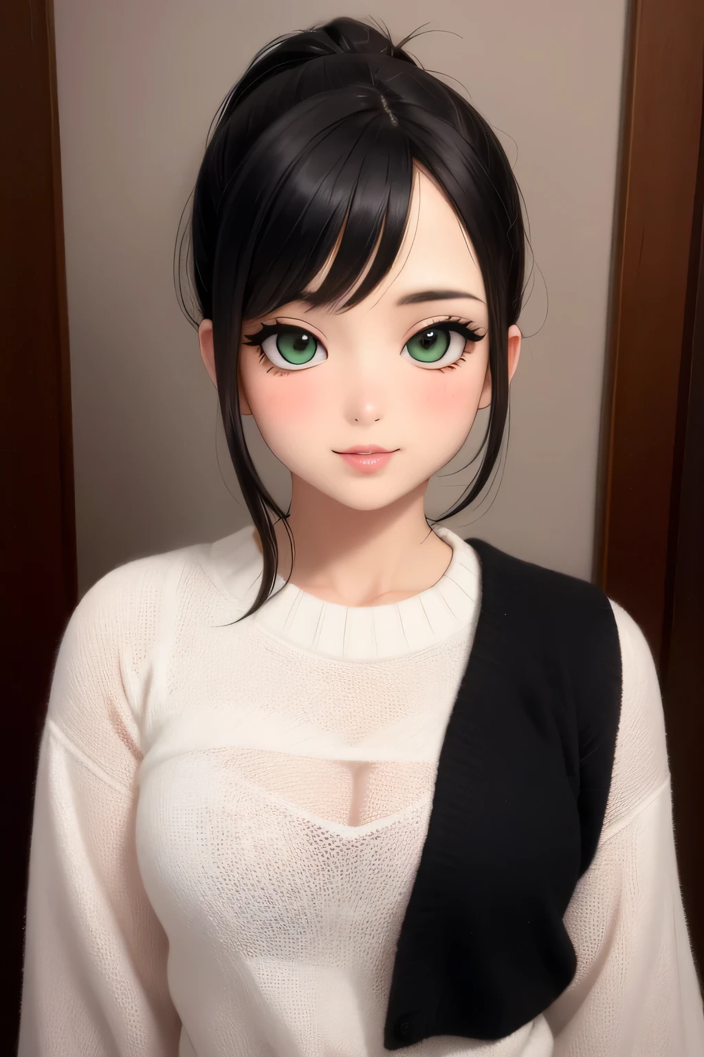 (best quality, highres:1.2), ultra-detailed, realistic:1.37, portraits, seductive gaze,detailed beautiful eyes,detailed long eyelashes,detailed lips,parted lips,intense blush,soft smile,soft smile and gaze,sexy woman, ponytail hairstyle, black hair,luscious black hair,cute ponytail,green sweater,cream cargo pants, medium chest, perfect body