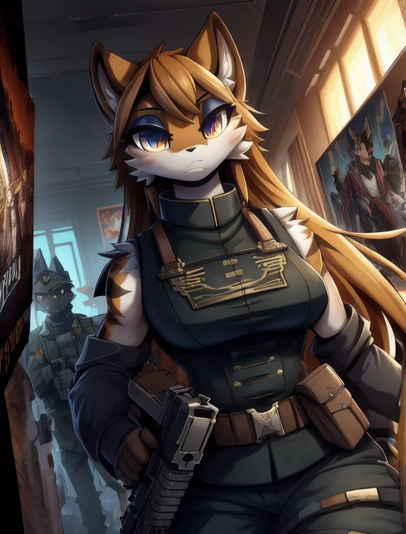 Warhammer_40 thousand_Commissar,((masterpiece)), (Best quality), (detailed), Black uniform sleeveless shirt , mascara, Eyeliner, eyeshadow, Upper body, pomade, женщина anthro furry tiger, Propaganda poster, wicked, bristle,
 (8k contract, masterpiece, Best quality, High quality, absurdity, ultra-detailed), masterpiece, Best quality,  long hair, (cute face 1:1),dynamic angle, top quality, best quality, High-quality illustrations, masterpiece, super high resolution, detailed background, detailed background, biohazard, Dim hotel hallway, gun fight, game package, absurdres(highly detailed beautiful face and eyes)perfect anatomy, expression, good lighting, cinematic shadow(kemono, furry anthro),