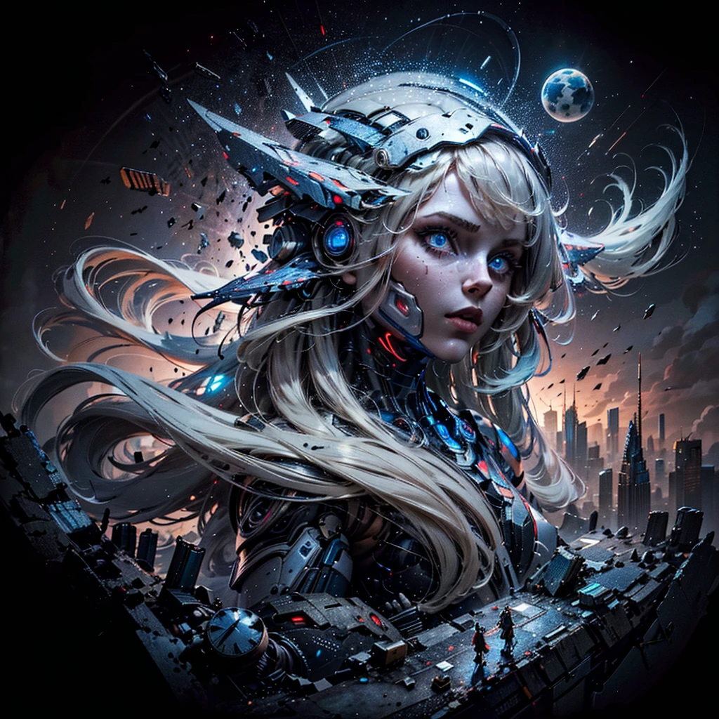 3D impressionist illustration A cutting-edge android modeled on a Russian girl in her early twenties with ash-grey hair, stretching her right arm into the air, set against a futuristic cityscape.