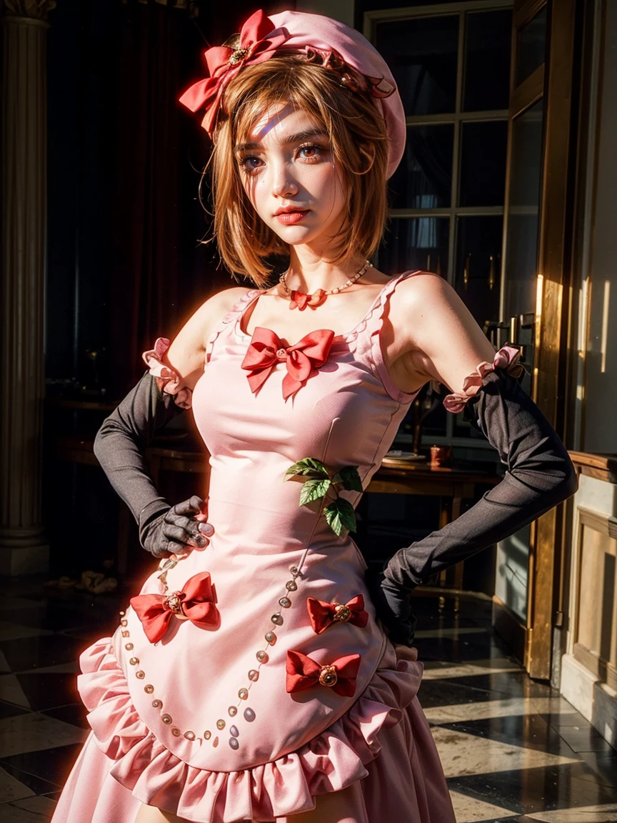 (1 lady), The beautiful, (Best quality at best:1.4), (ultra - detailed), (extremely detailed CG unified 16k), orange redhair, very detailed, High-definition RAW color photo, professional photoshooting, amazing face and eyes, cosmetics, (amazingly beautiful girl), ((lambdadelta, tall woman, taller)), ((dress, red bow, pink hat, necklace, gloves, pearl, pink dress)), standing, realistic cinematic face, photo portrait, upper body (shoulders to head), photorealistic, ((realistic natural orange redhair style, red eyes)), gorgeous, extremely beautiful face, perfect model beauty, pout mouth, flirting smile, cleavages, city girl, western, (masterpiece), best quality, high resolution, extremely detailed, blurred background, depth of field, cinematic lighting, clear and well-cared skin
