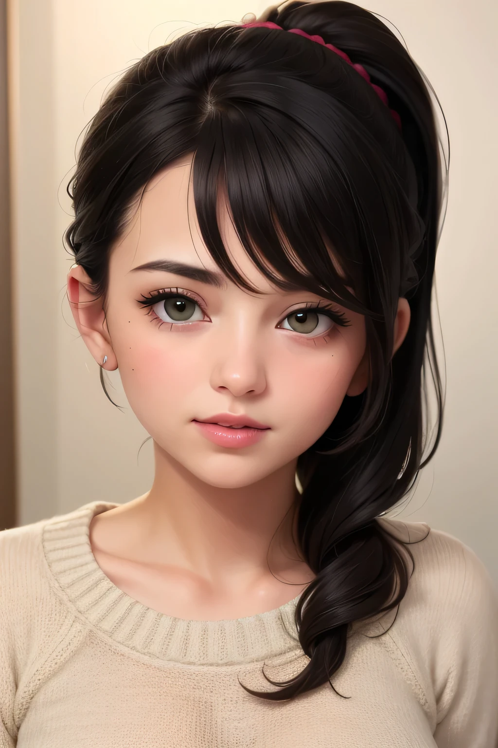 (best quality, highres:1.2), ultra-detailed, realistic:1.37, portraits, seductive gaze,detailed beautiful eyes,detailed long eyelashes,detailed lips,parted lips,intense blush,soft smile,soft smile and gaze,sexy woman, ponytail hairstyle, black hair,luscious black hair,cute ponytail,green sweater,cream cargo pants, medium chest, perfect body