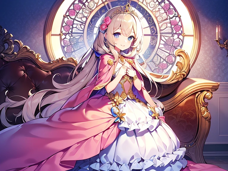 (kawaii),(best quality),(ultra detailed),(rococo style),(long train pastel pink cape:1.15), very long cape,(long train white ball gown with flower decorations:1.1), a girl is wearing a cape over her gown, 1 little princess, tiara, smile, very long hair, small breasts, beautiful detailed eyes, beautiful detailed lips, looking at viewer