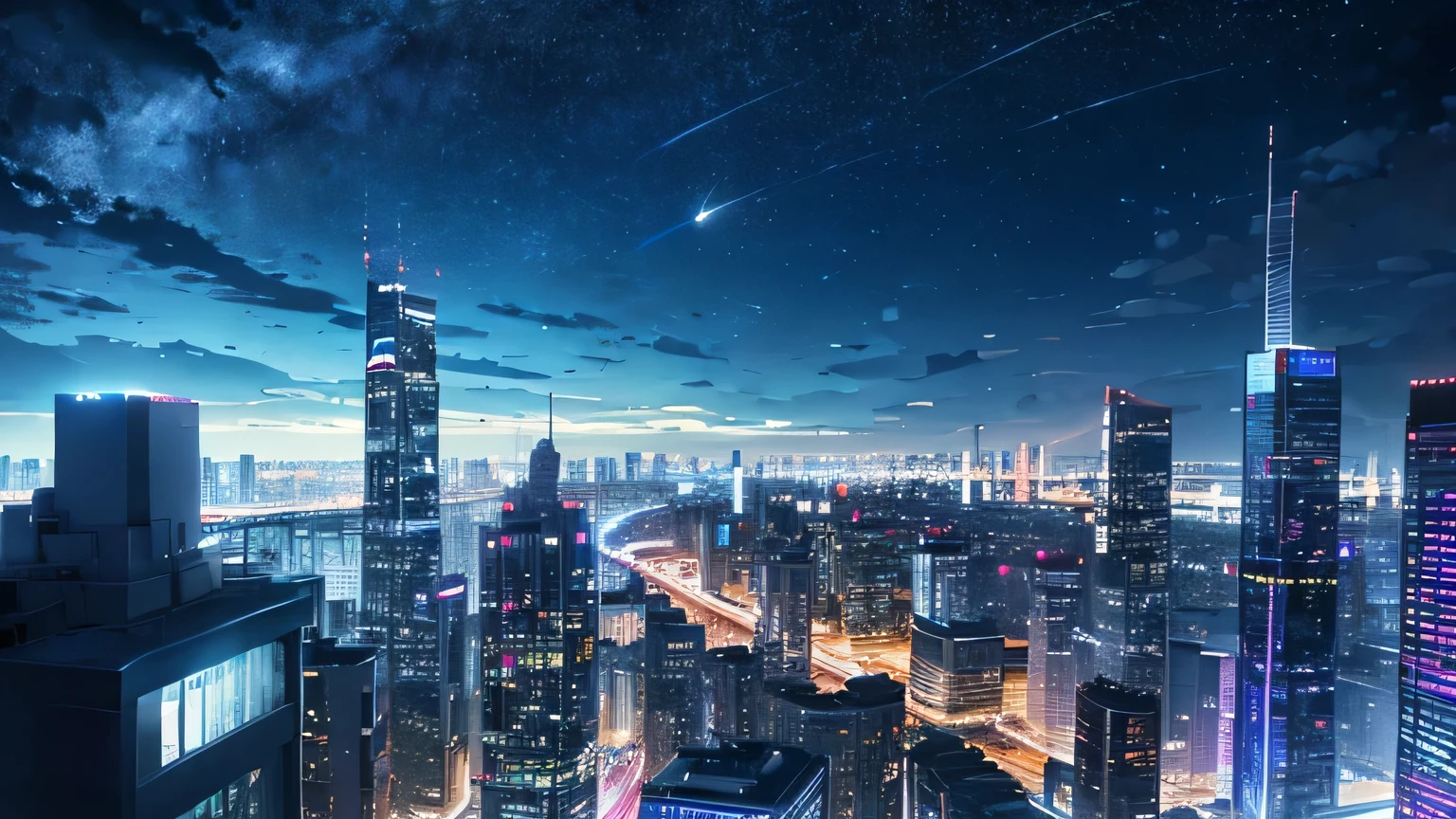 Late Night、midnight、illumination、Neon Street、City of night、Night City、Skyscrapers、Overlooking the night view、coastal、Panorama、shooting star、high resolution、High quality