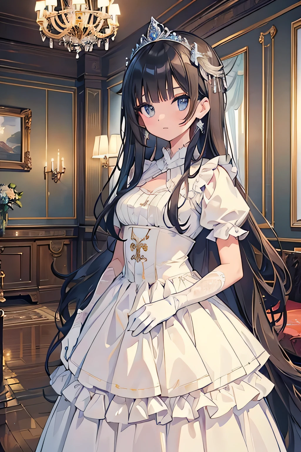 highest quality、High resolution、Detailed Background、(Beautiful face in every detail:1.4)、Anatomically correct、(Detailed facial expressions)、(Detailed eyes:1.2)、Teenage beauty、(Highly detailed face:1.4)、Black Hair、Brown Hair、Braided long hair、Wavy Hairstyle、well-groomed eyebrows、Cute Eye Makeup、Cute Lip Makeup、Do cute things、Princess Style、Elegant atmosphere、
(A girl dressed like an elegant princess in a spacious Western-style mansion:1.5)、
I chose a chiffon frilled blouse from Elegant atmosphere.、
Pastel colors such as pink and lavender are elegant and princess-like.、
A romantic tiered long skirt、
The white and ivory chiffon and lace are beautiful.、
Wear a short bolero with frills and ribbons.、
We recommend beige or light blue for a glamorous look.、
Use a classy pearl tiara as a hair accessory.、
Wear elegant lace gloves、
Delicate details such as ruffles and ribbons create an elegant look.、
Pair it with accessories like a tiara or gloves、
Ornate marble staircase、A luxuriously decorated reception room with high ceilings、A painting room decorated with paintings, sculptures and other artworks、A library with books and magazines、Four Seasons Discount々Flowers々A garden in full bloom、The interior of the Western-style building and garden、very beautiful