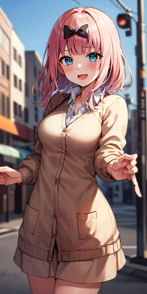 2D, masterpiece, highest quality, and soul, very detailed, cowboy shot, 1 girl, solo, Chika Fujiwara, blue eyes, pink haired, hair ribbon, black bow, (white loose dress:1.3), (pink cardigan:1.3), Opening the front of the cardigan, city background, best smile, open your mouth