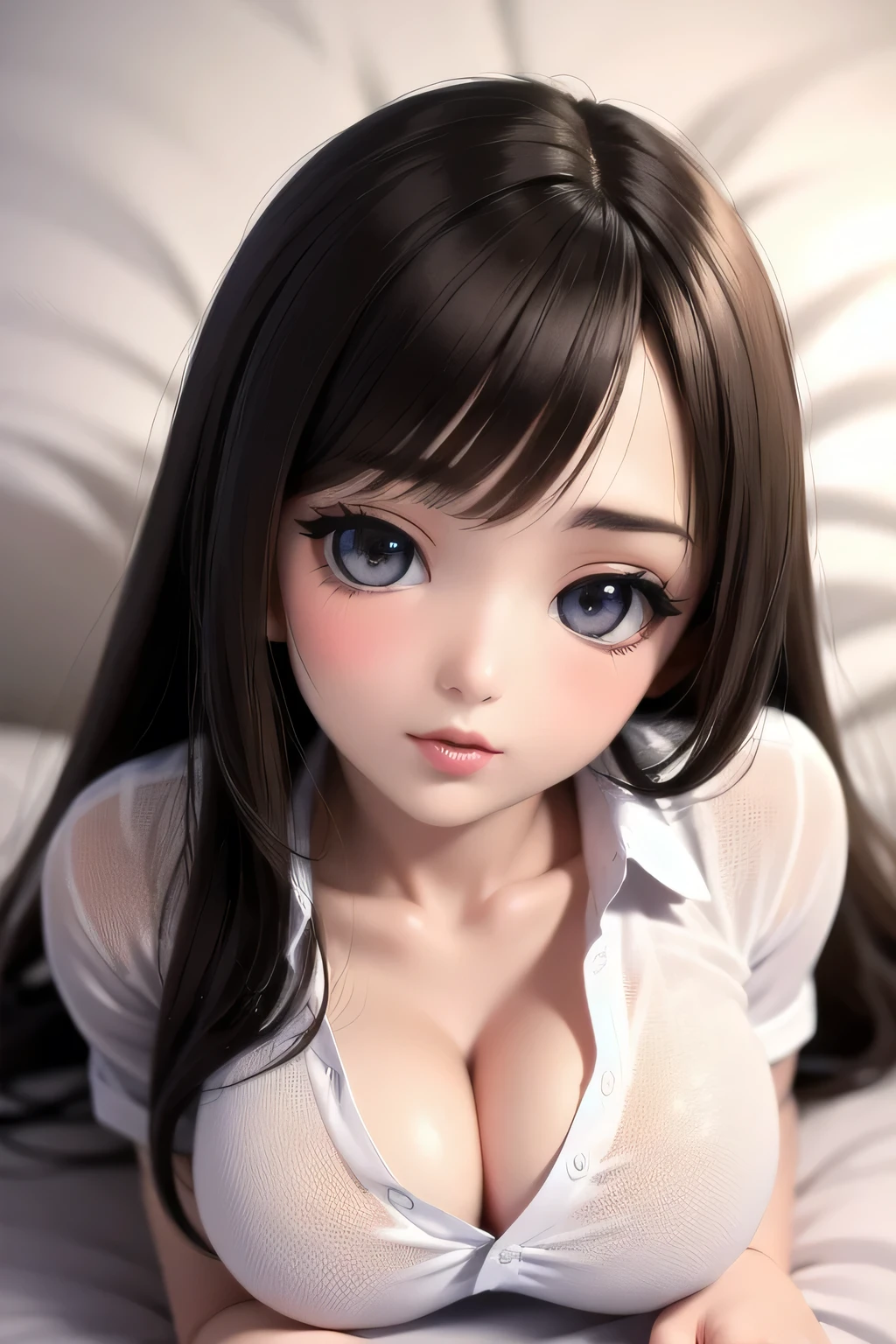 (best quality,highres:1.2),ultra-detailed,realistic:1.37,portrait,woman with beautiful face,detailed eyes and lips,seductive eyes,long straight hair,black brown hair color,blushing intensely,lips parted,ready to kiss,long oversized white shirt,lying on bed,sexy,cute