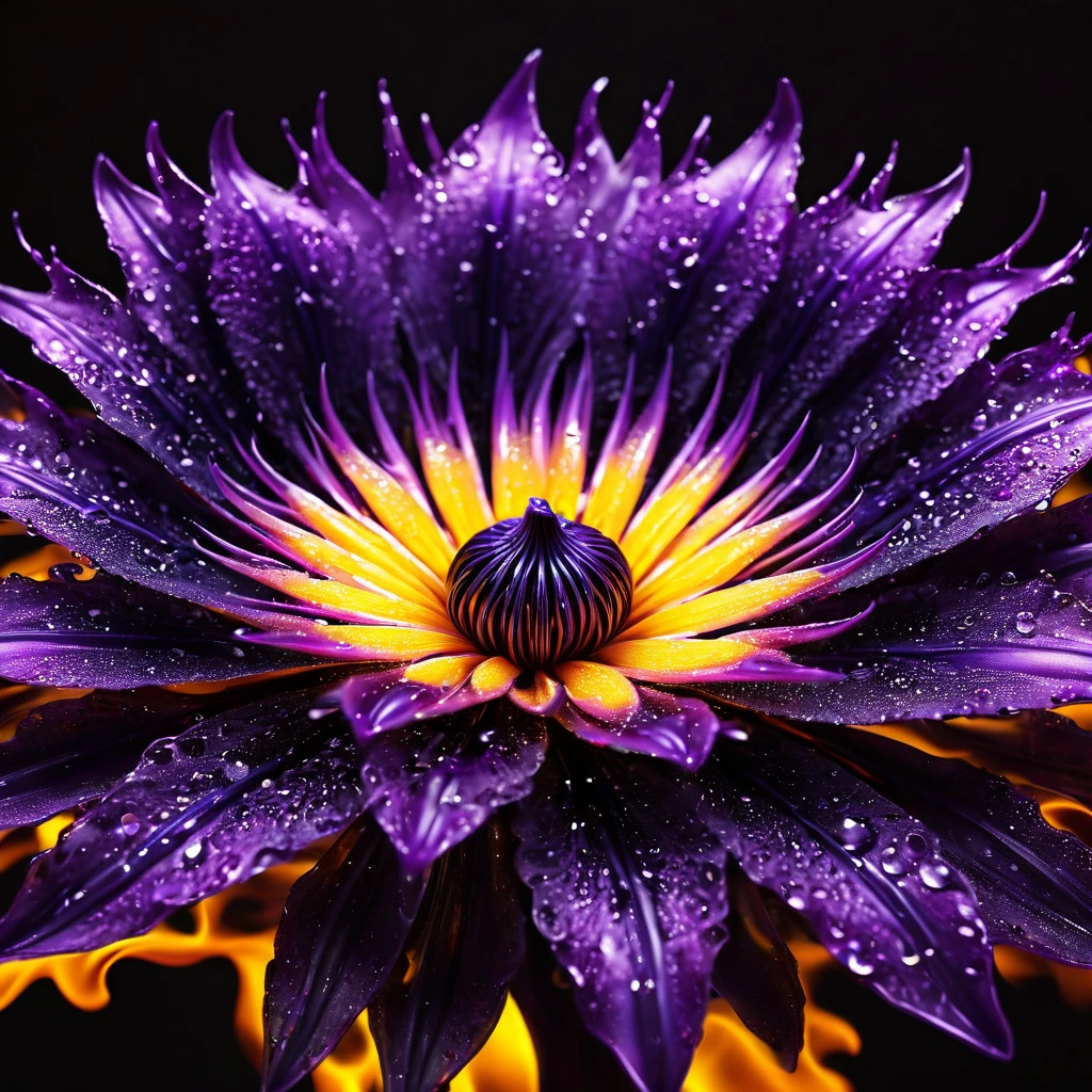 Black and purple fire on a bright yellow background. Macro photography captures an Black and purple fire flower intricately morphing amidst vibrant, homage to Miki Asai flair, centered in a hyper-detailed studio setting, focus honing in on the ethereal molten Flame edges, detailed textures a nod to Philippe Vignal style, celebrated on ArtStation, bathed in cinematic lighting, ultra fine resolution, Ross Tran eleganance, close-up, High Resolution, High Quality, Masterpiece