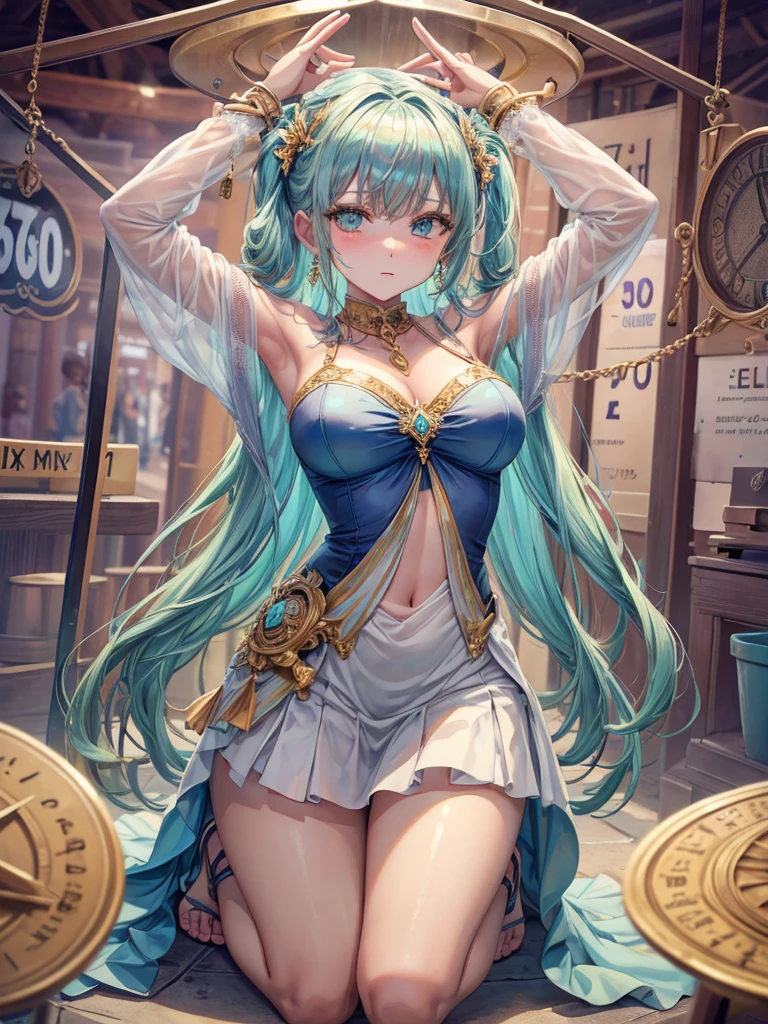 (((Best Quality, 8K, 32K, masterpiece, 1.2)))),{{solo}},nsfw,{{{Artist: Torino Aqua's style}}},((perfect beautiful face:1.2)), ((price sign plate around breasts, tied_wrists, arms up:1.2)), shackled hands, kneeling, metal collar, stage, market for slaves, embarrassed, blush,