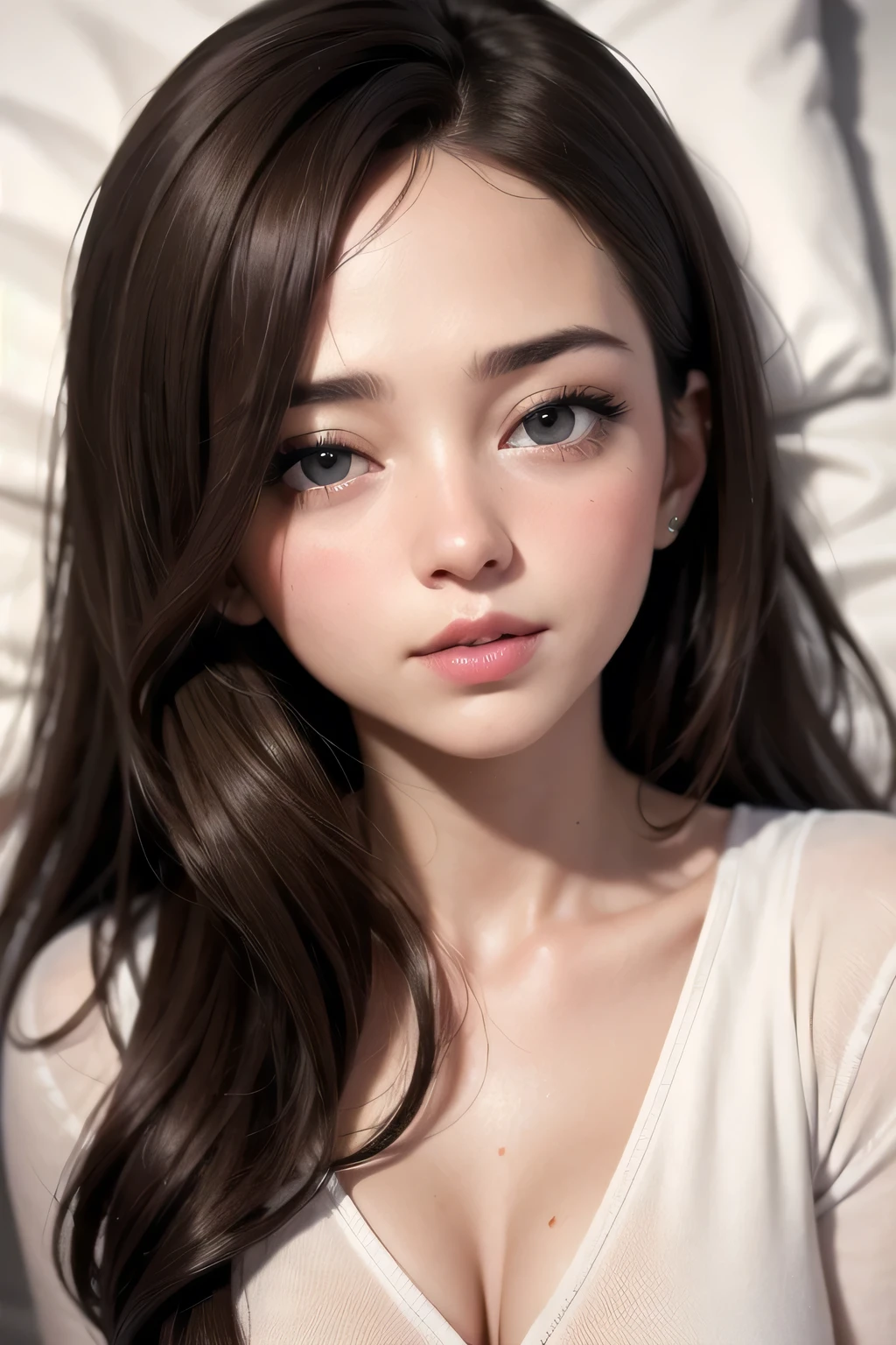 (best quality,highres:1.2),ultra-detailed,realistic:1.37,portrait,woman with beautiful face,detailed eyes and lips,seductive eyes,long straight hair,black brown hair color,blushing intensely,lips parted,ready to kiss,long oversized white shirt,lying on bed,sexy,cute