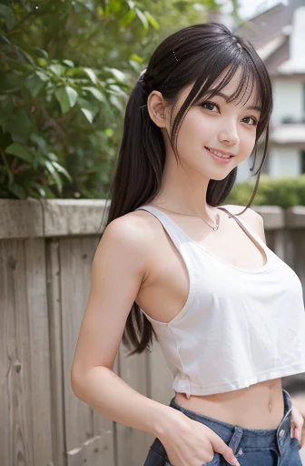 a lot of details, (slender waist), 30 years old, detailed black hair, beautiful detailed hair, super fucking beautiful, complex details beautiful and delicate eyes, perfect hands, (small breasts best quality), perfect and delicate limbs, detailed skin, best quality, ultra-detailed,
(synth wave style girl), whole body, Facing the lens, hand on hip, topknot, (cheerful grin:1.2), (tank top), (denim short shorts), Bare shoulder, half decorational vertical border in the middle cloth, white Clothes, outdoors,