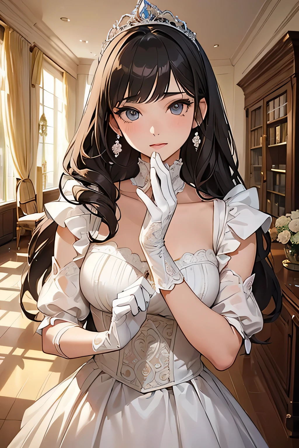 highest quality、High resolution、Detailed Background、(Beautiful face in every detail:1.4)、Anatomically correct、(Detailed facial expressions)、(Detailed eyes:1.2)、Teenage beauty、(Highly detailed face:1.4)、Black Hair、Brown Hair、Braided long hair、Wavy Hairstyle、well-groomed eyebrows、Cute Eye Makeup、Cute Lip Makeup、Do cute things、Princess Style、Elegant atmosphere、
(A girl dressed like an elegant princess in a spacious Western-style mansion:1.5)、
I chose a chiffon frilled blouse from Elegant atmosphere.、
Pastel colors such as pink and lavender are elegant and princess-like.、
A romantic tiered long skirt、
The white and ivory chiffon and lace are beautiful.、
Wear a short bolero with frills and ribbons.、
We recommend beige or light blue for a glamorous look.、
Use a classy pearl tiara as a hair accessory.、
Wear elegant lace gloves、
Delicate details such as ruffles and ribbons create an elegant look.、
Pair it with accessories like a tiara or gloves、
Ornate marble staircase、A luxuriously decorated reception room with high ceilings、A painting room decorated with paintings, sculptures and other artworks、A library with books and magazines、Four Seasons Discount々Flowers々A garden in full bloom、The interior of the Western-style building and garden、very beautiful