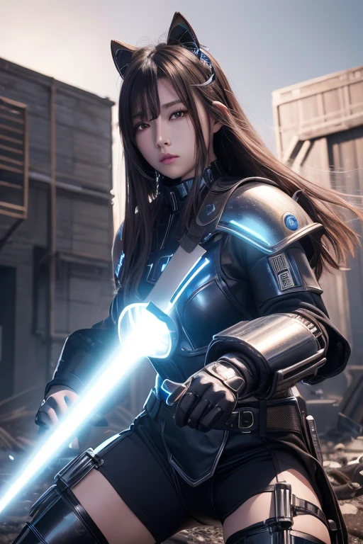 High resolution、8k、Digital Cyberpunk Art、Brown medium-long hair、Shiny metallic、(Wears blue mechanical armor with white LED lights)、(Stand in the devastated wilderness)、Japanese Girls、Cyborg Girl、(fighting stance)
