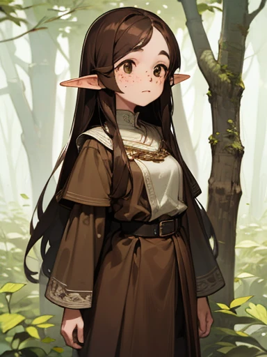 Elf Girl, Long brown hair, Brown eyes, freckles, Brown clothes in the forest, whole body