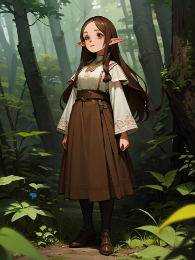 Elf Girl, Long brown hair, Brown eyes, freckles, Brown clothes in the forest, whole body