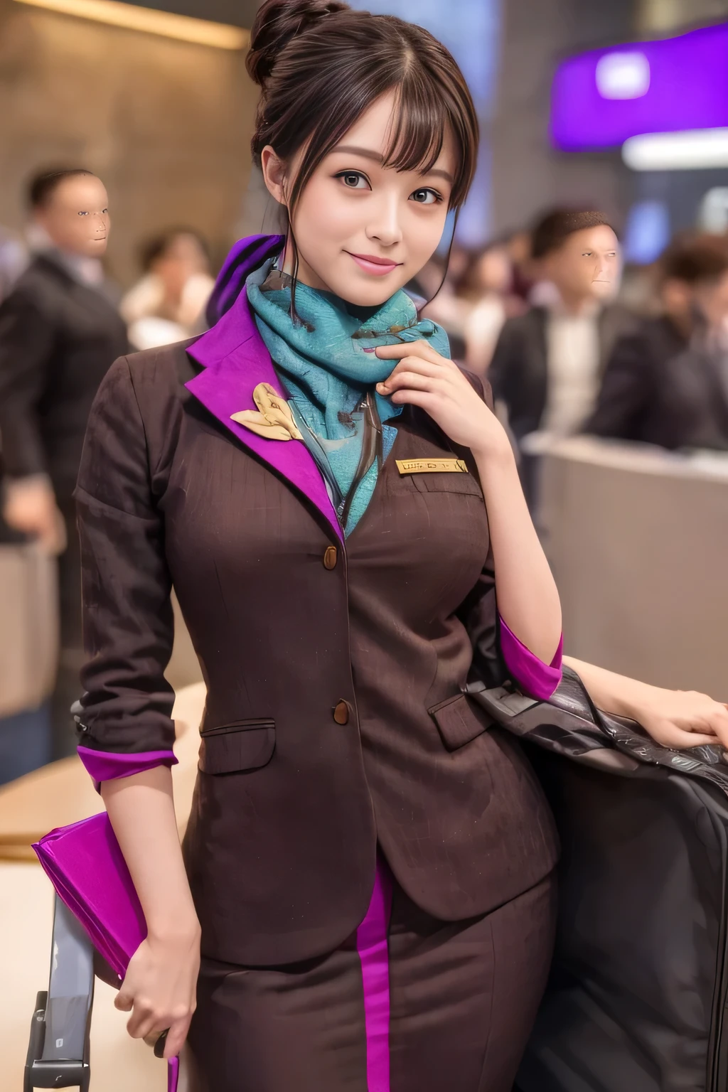 (masterpiece:1.2、highest quality:1.2)、32K HDR、High resolution、(alone、1 girl、Slim figure)、(A realistic reproduction of the ETIHAD Airways Cabincrew Uniform)、 (At the airport counter, Professional Lighting)、A proper woman, Beautiful Face,、(Long sleeve ETIHAD Airways Cabincrew Uniform)、(ETIHAD Airways Cabincrew Uniform skirt with purple stripe on the front)、(scarf on chest)、Big Breasts、(Long Hair Up、Hair Bun)、Dark brown hair、Long Shot、((Great hands:2.0))、((Harmonious body proportions:1.5))、((Normal limbs:2.0))、((Normal finger:2.0))、((Delicate eyes:2.0))、((Normal eyes:2.0)))、Beautiful standing posture、smile