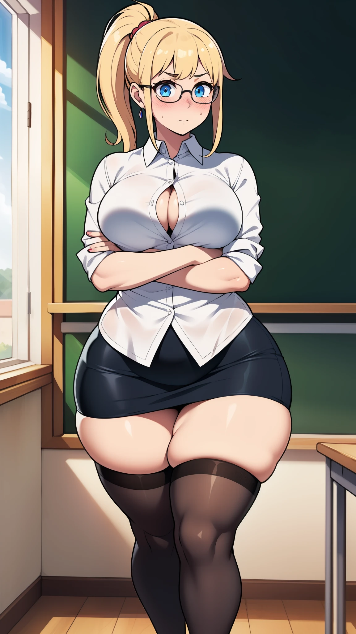 ((highres)), Masterpiece, high quality, best quality, beautiful, perfect lighting, detailed face, ultra cute face, ((1girl)), ((solo), long blonde hair, ponytail, blue eyes, glasses, ((blush)), embarrassed, looking at viewer, arms crossed, standing in a classroom, (classroom), daytime, dress shirt, pencil skirt, thigh highs, wide hips, ((thick thighs)), (chubby), medium breasts, perky breasts, 24 year old female,