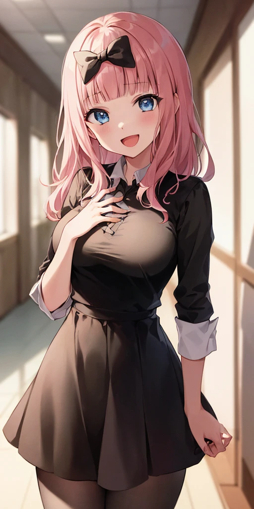 2d, masterpiece, best quality, anime, highly detailed, cowboy shot, 1girl, solo, fujiwara chika, blue eyes, pink hair, hair bow, black bow, , summer uniform, large breasts, standing, indoors, hallway, :d
