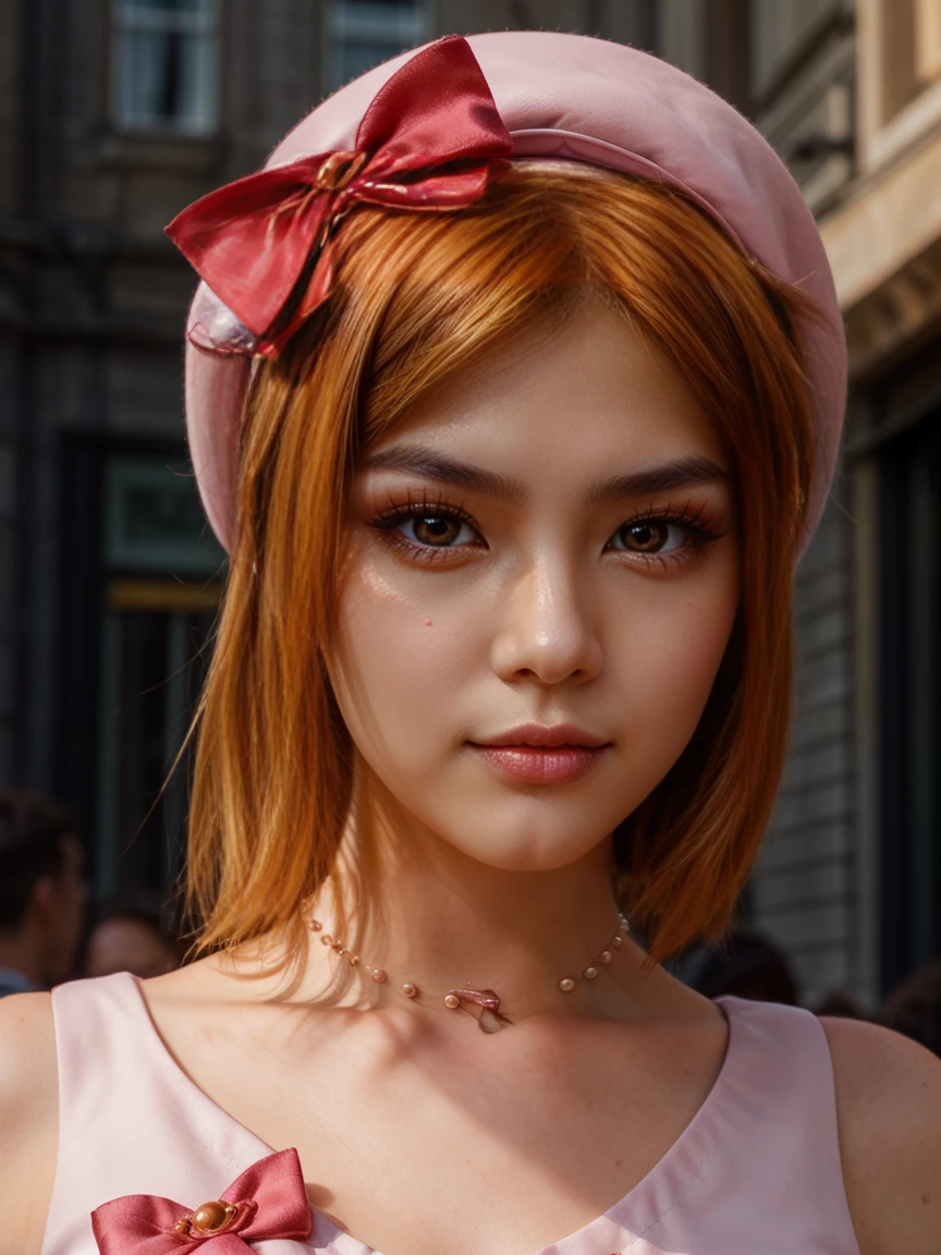 (1 lady), The beautiful, (Best quality at best:1.4), (ultra - detailed), (extremely detailed CG unified 16k), orange redhair, very detailed, High-definition RAW color photo, professional photoshooting, amazing face and eyes, cosmetics, (amazingly beautiful girl), ((lambdadelta, tall woman, taller)), ((dress, red bow, pink hat, necklace, gloves, pearl, pink dress)), standing, realistic cinematic face, photo portrait, upper body (shoulders to head), photorealistic, ((realistic natural orange redhair style, red eyes)), gorgeous, extremely beautiful face, perfect model beauty, pout mouth, flirting smile, cleavages, city girl, western, (masterpiece), best quality, high resolution, extremely detailed, blurred background, depth of field, cinematic lighting, clear and well-cared skin