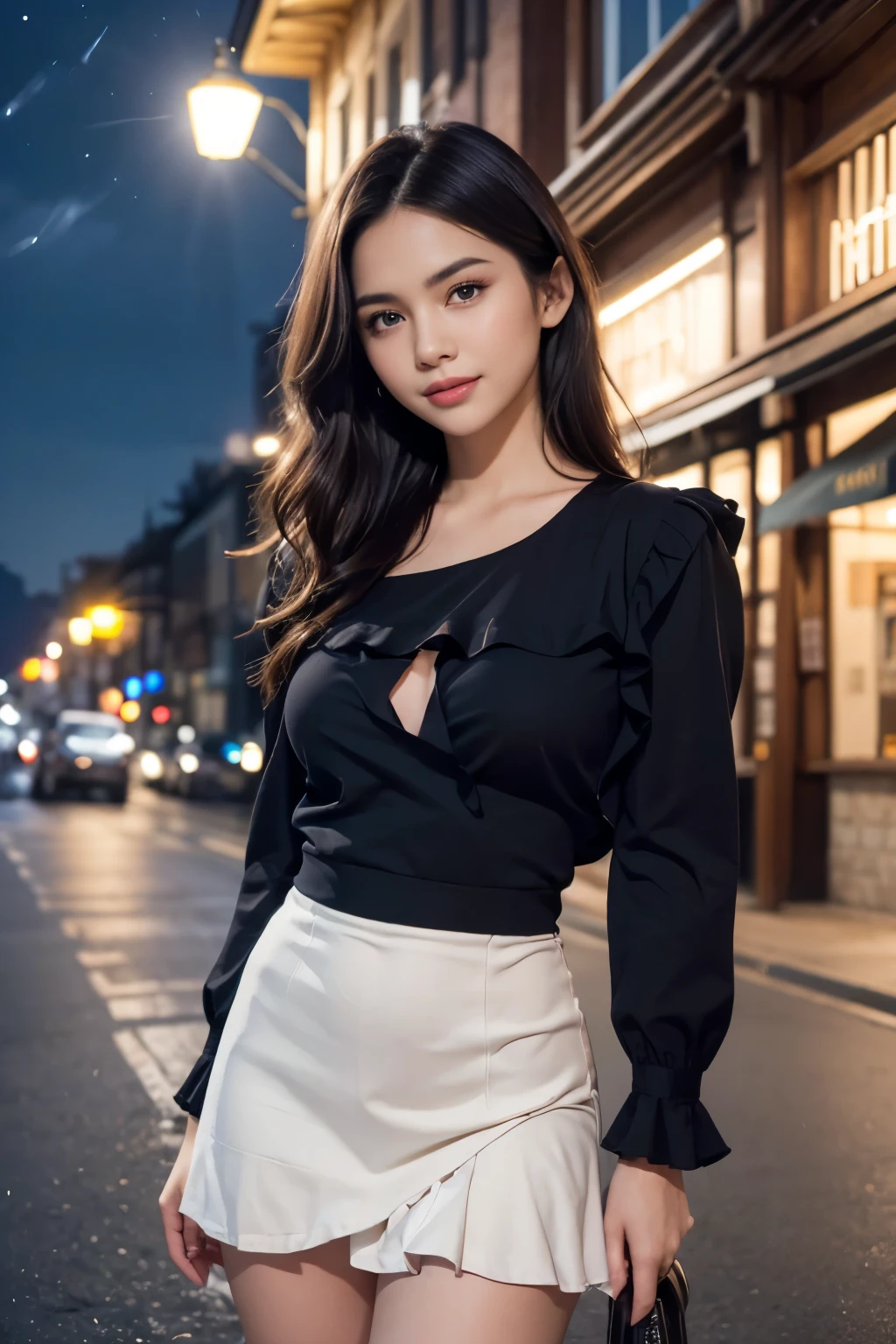 masterpiece, highest quality, 8k high quality photo, cinematic lighting, deep shadow, 1girl, gorgeous face, fearless smile, smooth soft parl skin, light-blown medium wavy hair, looking into camera, (standing on european street), model posing, front view,((cowboy shot)), (long sleeves frilled dress:1.2), at late night, ((night:1.5))