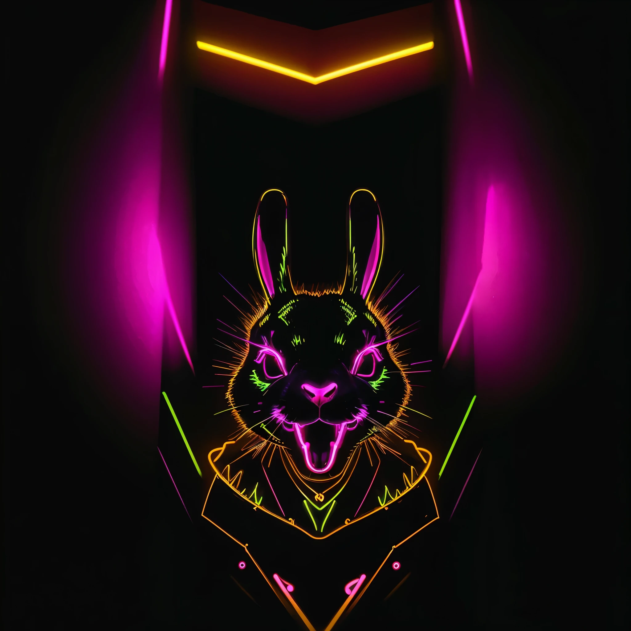 1 rabbit, Bunny ears, Neon Style, Neon glow, Body lines shine, Black rabbit, Bunny earsにフォーカス:1.2, In the Dark, Black Background, Neon Effect., Multicolored light painting of a rabbit,