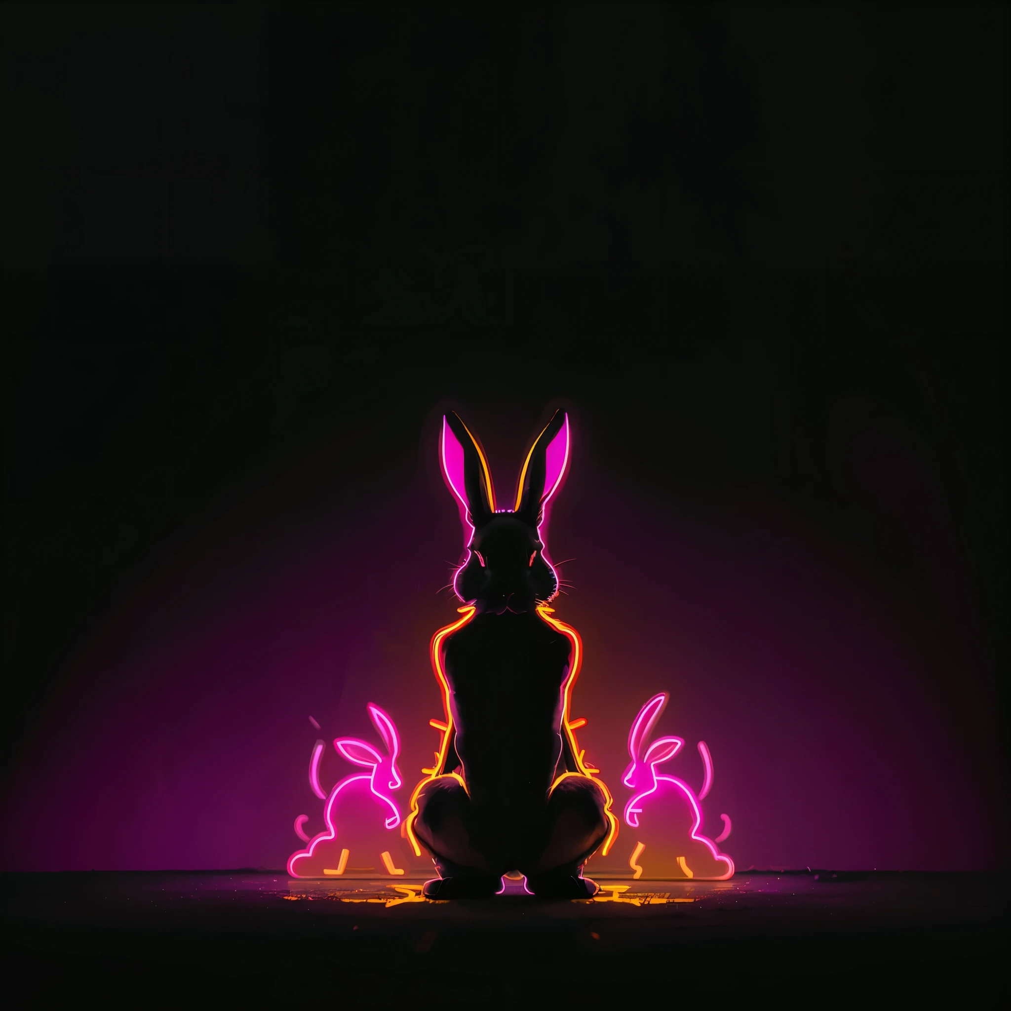 1 rabbit, Bunny ears, Neon Style, Neon glow, Body lines shine, Black rabbit, Bunny earsにフォーカス:1.2, In the Dark, Black Background, Neon Effect., Multicolored light painting of a rabbit,