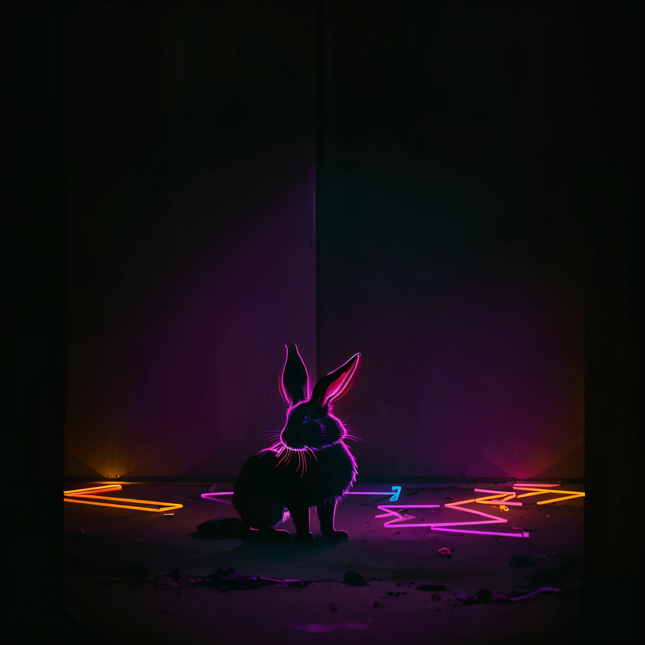 1 rabbit, Bunny ears, Neon Style, Neon glow, Body lines shine, Black rabbit, Bunny earsにフォーカス:1.2, In the Dark, Black Background, Neon Effect., Multicolored light painting of a rabbit,