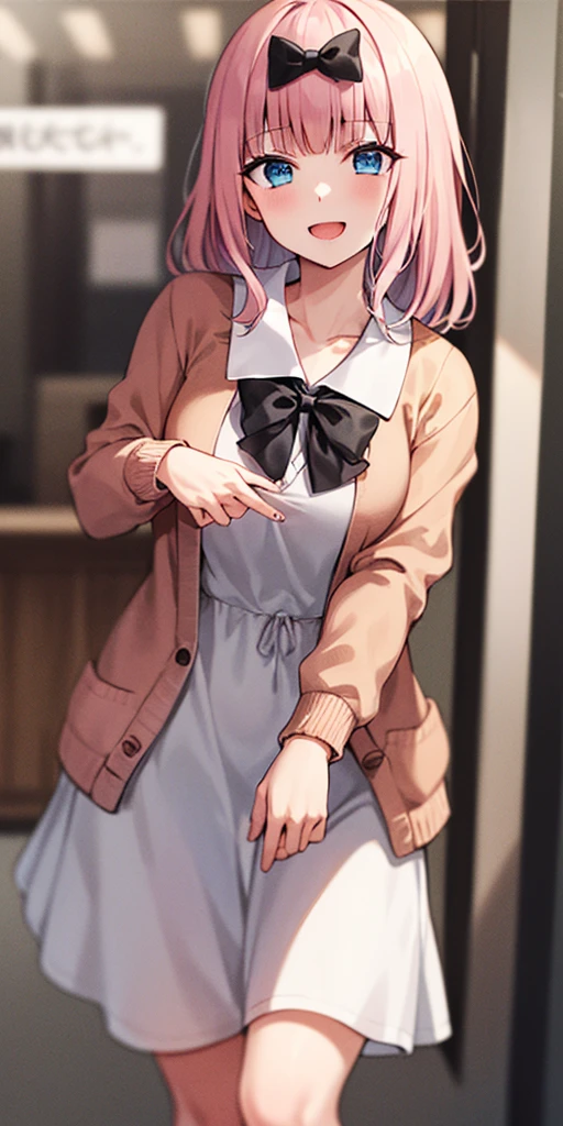 2D, masterpiece, highest quality, and soul, very detailed, cowboy shot, 1 girl, solo, Chika Fujiwara, blue eyes, pink haired, hair ribbon, black bow, (white loose dress:1.3), (pink cardigan:1.3), Opening the front of the cardigan, city background, best smile, open your mouth