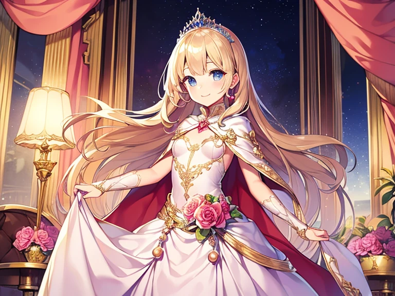 (kawaii),(best quality),(ultra detailed),(rococo style),(long train pastel pink cape:1.15), very long cape,(long train white ball gown with flower decorations:1.1), a girl is wearing a cape over her gown, 1 little princess, tiara, smile, very long hair, small breasts, beautiful detailed eyes, beautiful detailed lips, looking at viewer