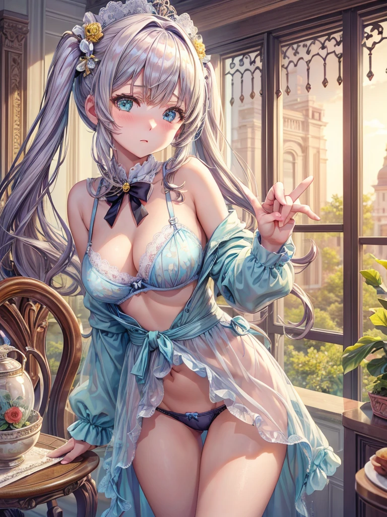 (((Best Quality, 8K, 32K, masterpiece, 1.2)))),{{solo}},nsfw,{{{Artist: Torino Aqua's style}}},((perfect beautiful face:1.2)), oyakodon, mother and daughter, showing panties and bra, sexy trimmed bra and panties,((aside panties with fingers,, half visible vivid pussy:1.2)), embarrassed, blush, netorare face,