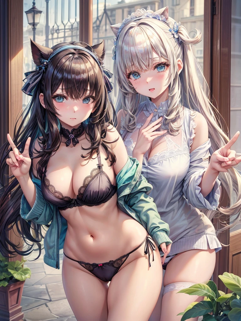 (((Best Quality, 8K, 32K, masterpiece, 1.2)))),{{solo}},nsfw,{{{Artist: Torino Aqua's style}}},((perfect beautiful face:1.2)), oyakodon, mother and daughter, showing panties and bra, sexy trimmed bra and panties,((aside panties with fingers,, half visible vivid pussy:1.2)), embarrassed, blush, netorare face,