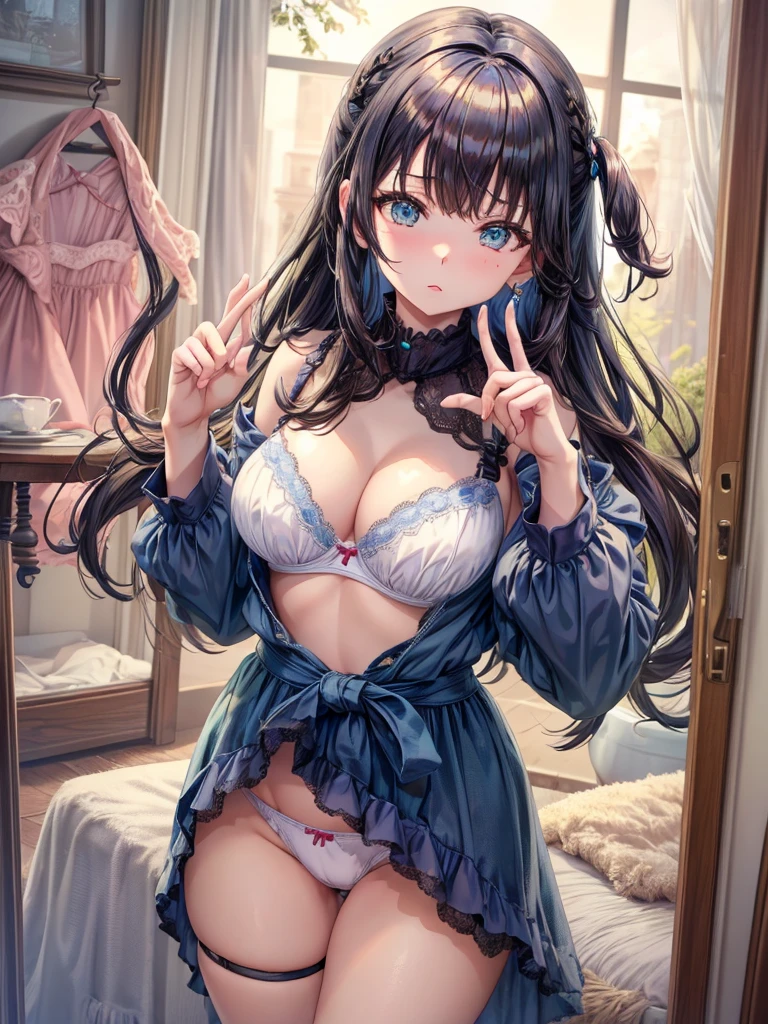 (((Best Quality, 8K, 32K, masterpiece, 1.2)))),{{solo}},nsfw,{{{Artist: Torino Aqua's style}}},((perfect beautiful face:1.2)), oyakodon, mother and daughter, showing panties and bra, sexy trimmed bra and panties,((aside panties with fingers,, half visible vivid pussy:1.2)), embarrassed, blush, netorare face,
