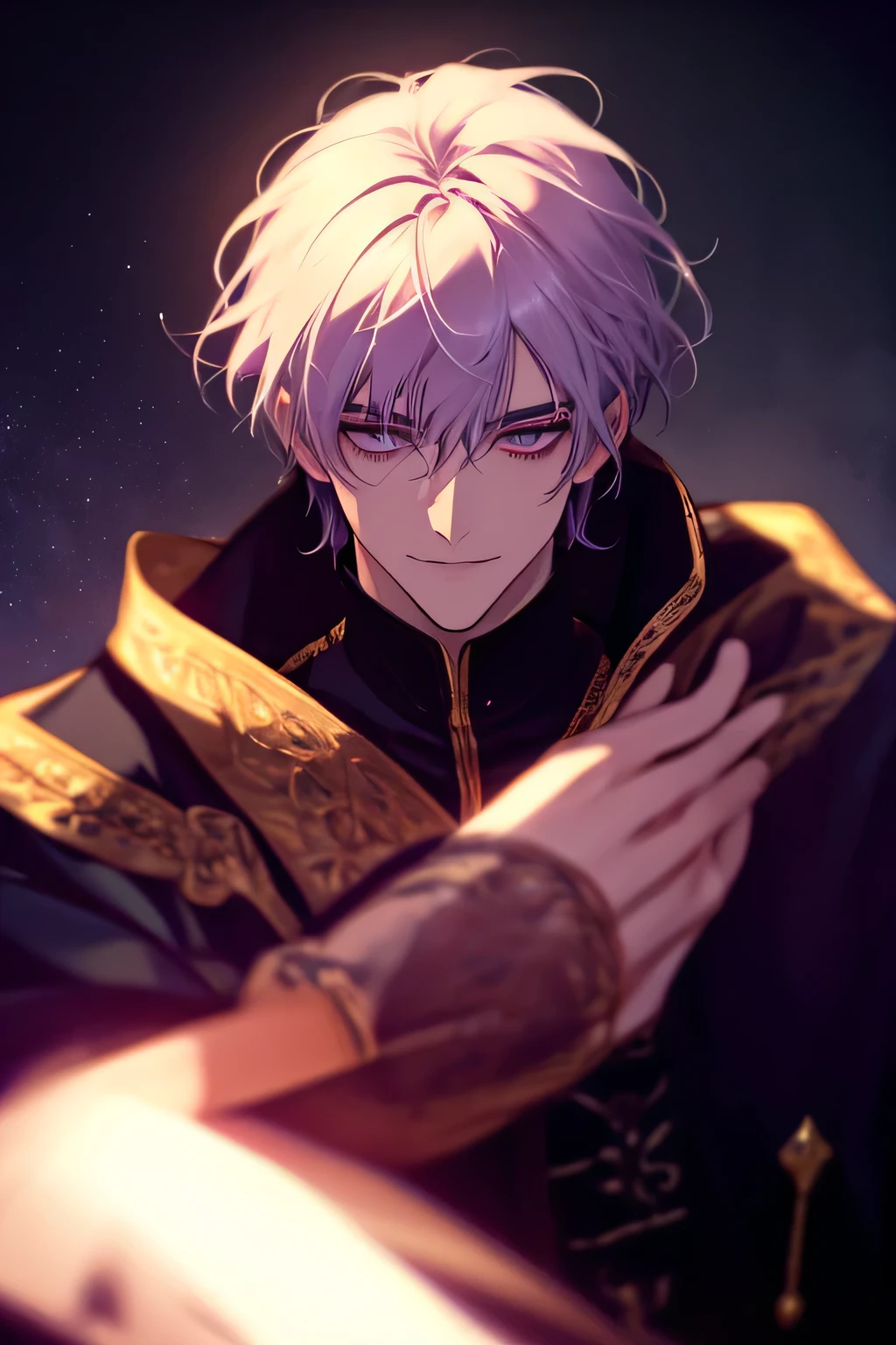 1male, calm, age 35 face, short messy with bangs, white hair, amethyst colored eyes, royalty, prince, black clothes, in a castle, close up, medieval {(best quality, 8k, masterpiece, HDR, soft lighting, perfect image, digital illustration, manhwa art, hyper detailed image, perfect lines, realistic)} 1 very handsome man, short dark blue hair, ocean purple eyes, luxurious clothes (imposing posture, smiling), {(black background with blue sparkles)}, full body