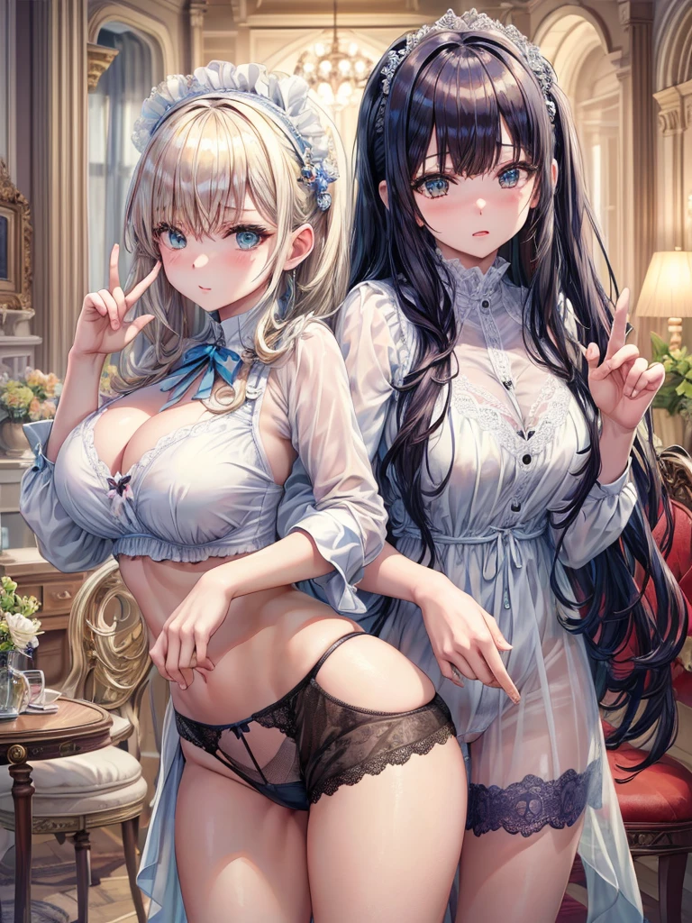 (((Best Quality, 8K, 32K, masterpiece, 1.2)))),{{solo}},nsfw,{{{Artist: Torino Aqua's style}}},((perfect beautiful face:1.2)),  oyakodon, mother and daughter, showing panties and bra, sexy trimmed bra and panties,((aside panties with fingers,, half visible vivid pussy:1.2)), embarrassed, blush, netorare face,