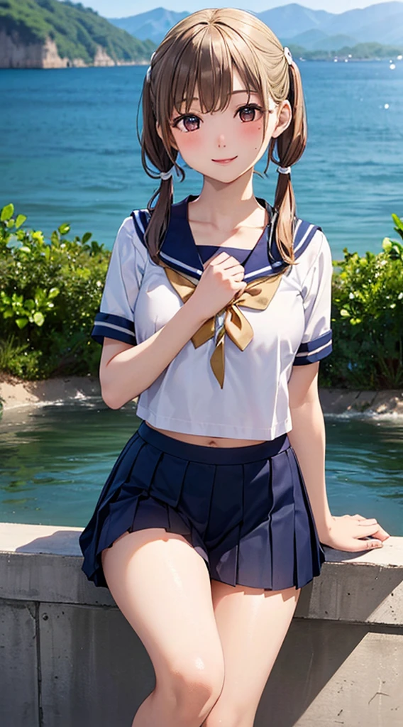 ((((, , Perfect Anatomy, Very detailedな肌)))), 1 girl, Japanese, , Shiny skin, large chests:0.5, Take in the view, (smile:1.5), 
Beautiful Hair, Beautiful Face, Beautiful fine details,  (Long Hair:1.4, Twin tails:1.7), Blonde, Beautiful clavicle, Beautiful body, 美しいchest, Beautiful thighs, Beautiful feet, Beautiful details on the fingers, Five Fingers, Baby Face, ,ole under the eye, 
((navy , Short sleeve, navy pleated skirt, Sailor collar, Very sexy, , White panties, String, share, Captivating thighs, Camel Toe)), 
(Beautiful views), evening, , (lake), Are standing, 
(8k, highest quality, Masterpiece​:1.2, Very detailed, , ), (Realistic), Beautiful illustrations, Cinema Lighting,