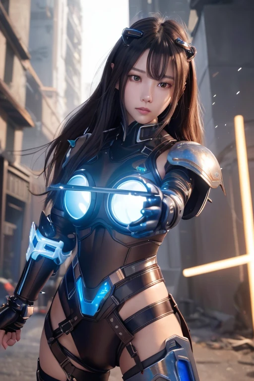 High resolution、8k、Digital Cyberpunk Art、Brown medium-long hair、Shiny metallic、(Wears blue mechanical armor with white LED lights on both arms)、(Armor on both arms only)、(Stand in the devastated wilderness)、Japanese Girls、Cyborg Girl、(fighting stance)