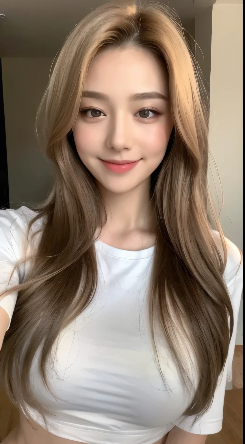 ((highest quality, 8k, masterpiece: 1.3)), One Girl, The beauty of slim abs: 1.3, (Long Hair、casual, Big Breasts: 1.2), A white T-shirt that accentuates the bust: 1.1, Super Fine Face, Delicate eyes, double eyelid, smile, Home